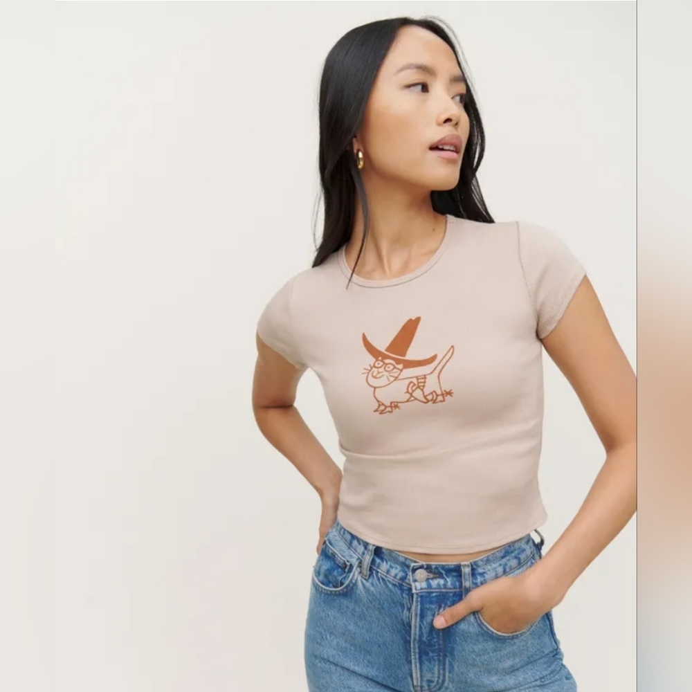 Reformation Beige Graphic Short Sleeve Tee